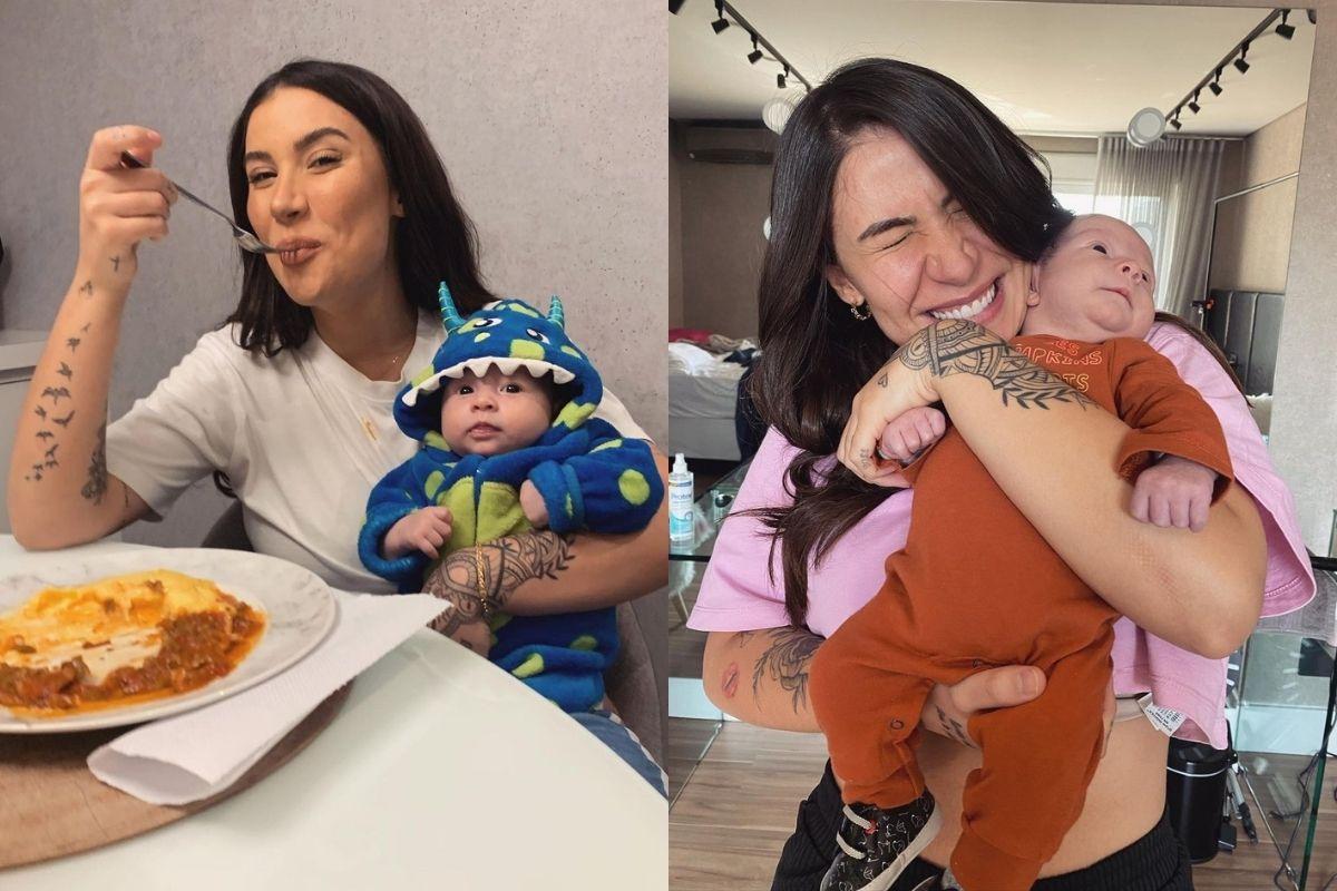 Bianca Andrade mostrando a realidade de muitas mães comendo com o filho no colo