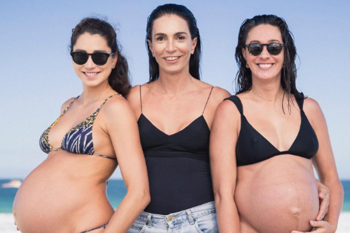Isabel Salgado ao lado das filhas, Carol Solberg e Maria Clara Salgado, grávidas