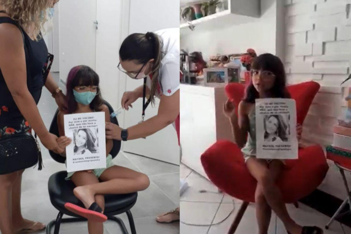 Menina faz homenagem à mãe enquanto recebe vacina contra a Covid-19