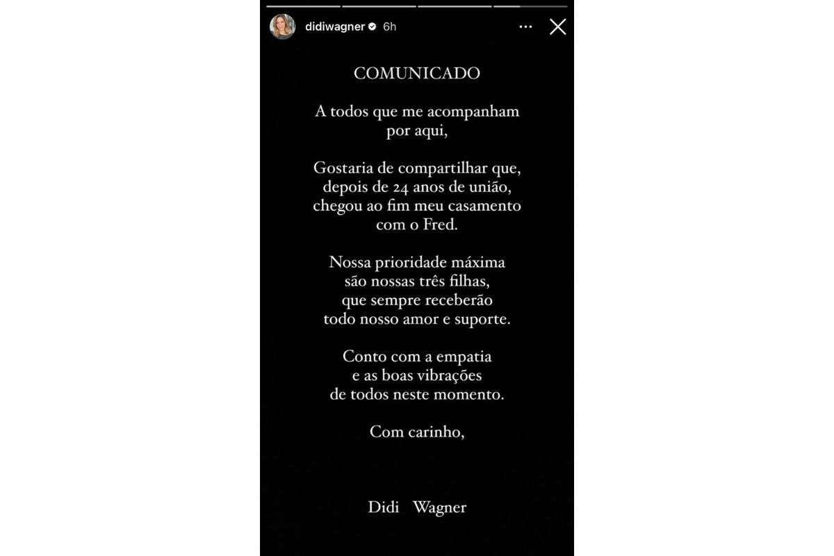 Didi Wagner fez um texto no Instagram para anunciar o fim do casamento com Fred