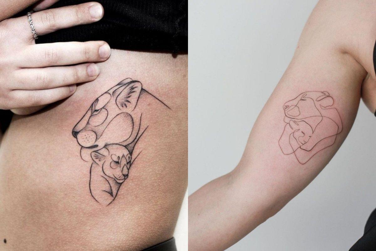 Tatuagem para filho com desenho de leoa e filhote 