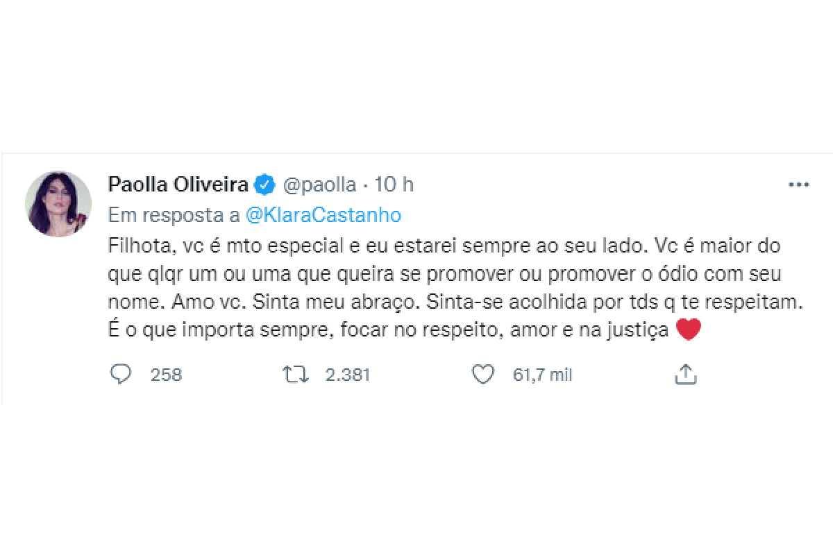 Paolla Oliveira se solidarizou com relato de Klara Castanho em que conta ter sido vítima de estupro