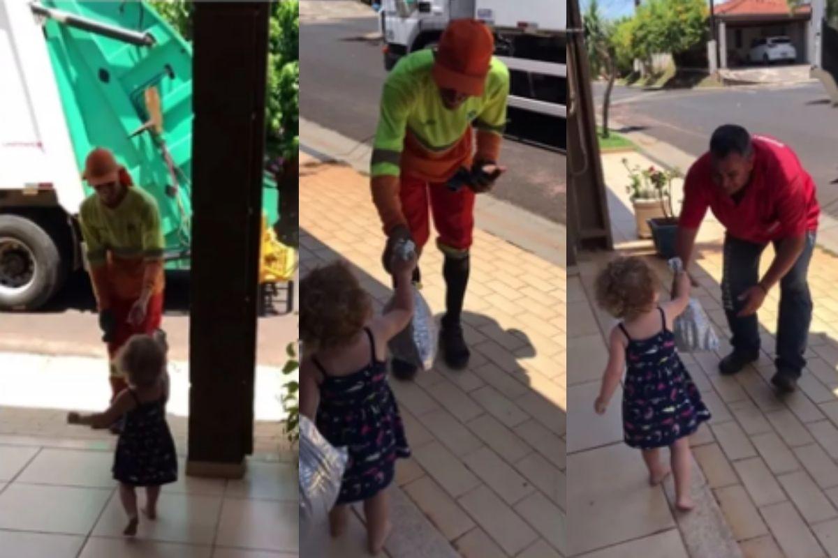 Menina de 2 anos viraliza ao dar panetone para coletores de lixo