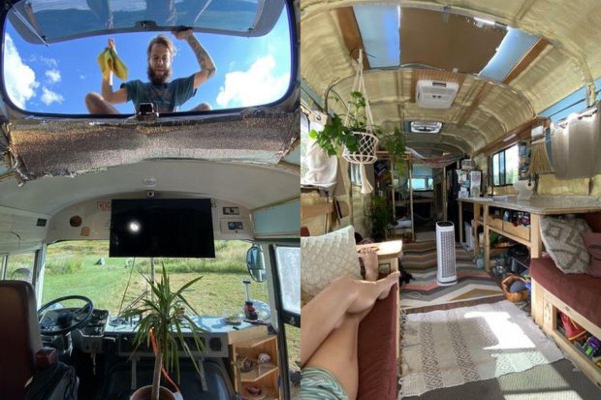 O casal transformou o ônibus em uma casa completa