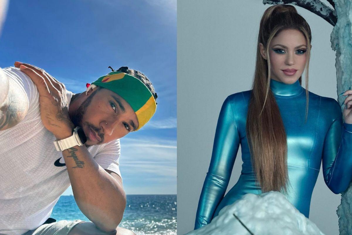 Montagem de foto de Lewis Hamilton e Shakira.