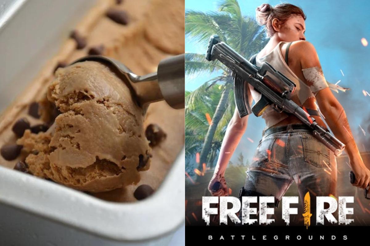 Sorvete de chocolate e jogo "FreeFire"
