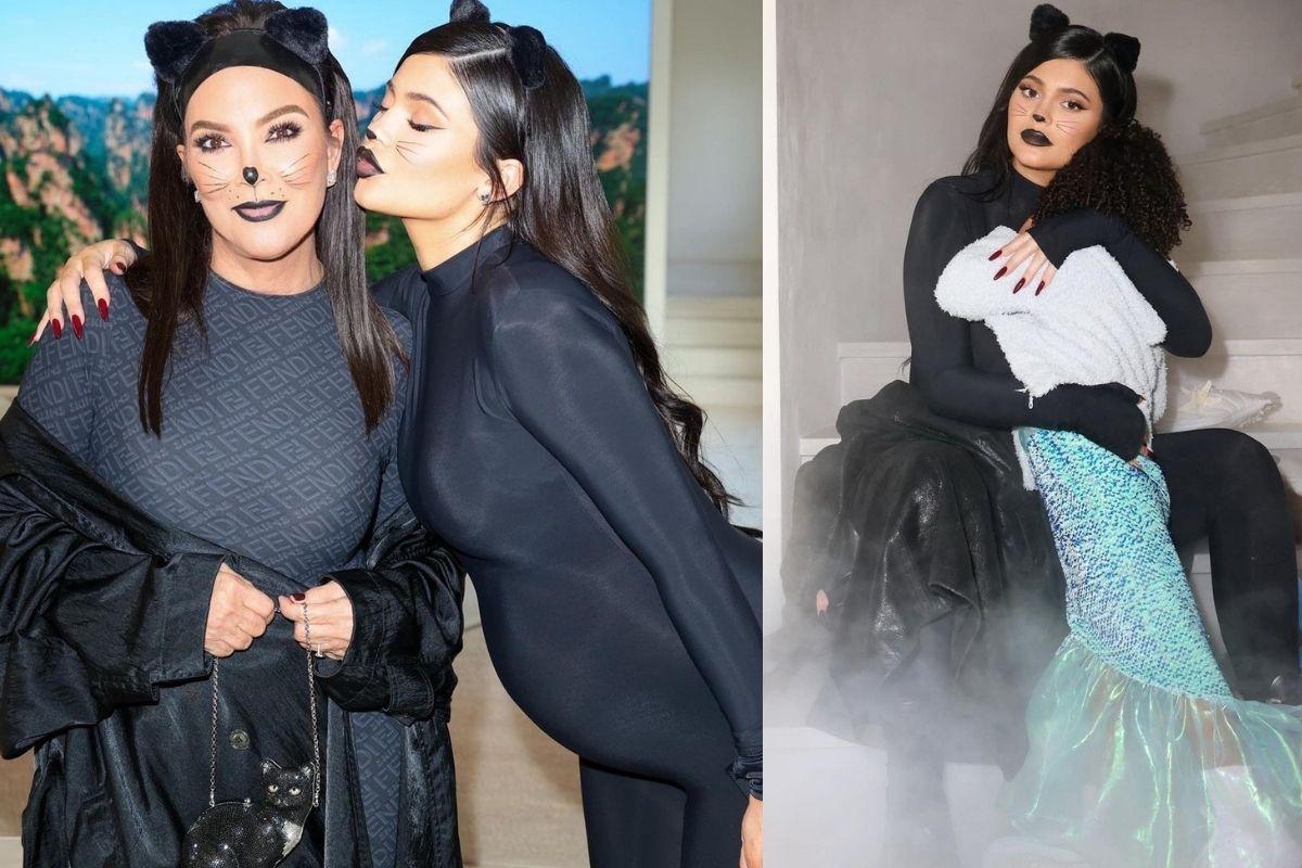 Kylie Jenner vestida de gato com a mãe Kris Jenner no Halloween 