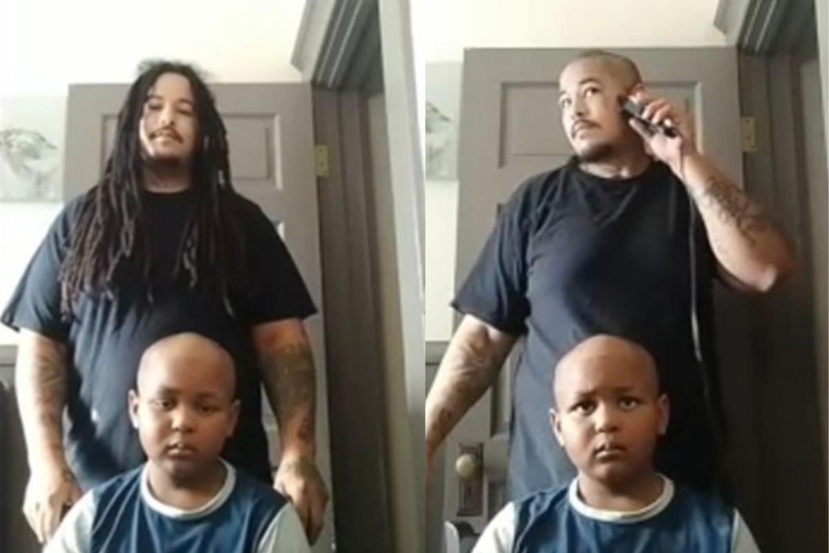 Pai raspa a cabeça para apoiar o filho com câncer